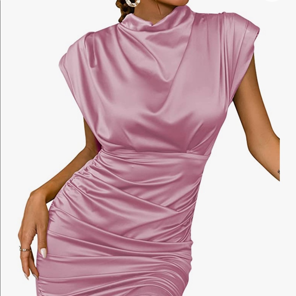 LYANER Women's Satin Silk Shoulder Pad Ruched Bodycon Sleeveless Mini Tank Dress